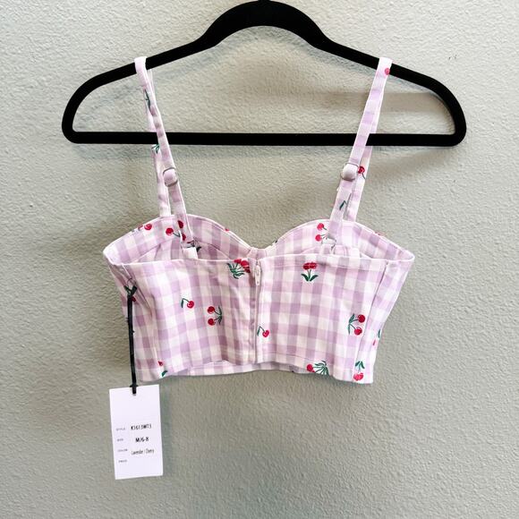 Unique Vintage Lavender + White Gingham Cherry Print Cropped Bustier - M - NWT - Picture 6 of 7